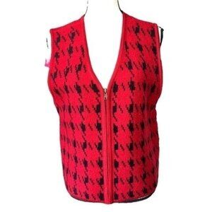 Crystal-Kobe Womens Wool Houndstooth Zip-Up Sweater Vest Red & Black Vintage Siz